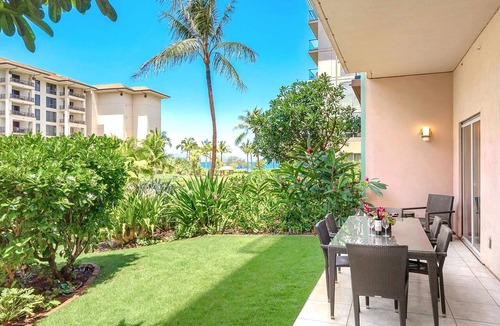 Kaanapali Condo | Maui Resort Rentals: Honua Kai Hokulani 112 – Super Quiet and Private Ground Floor 2BR, Easy Access to Pools, Beach, and BBQs, Large Lawn Area!