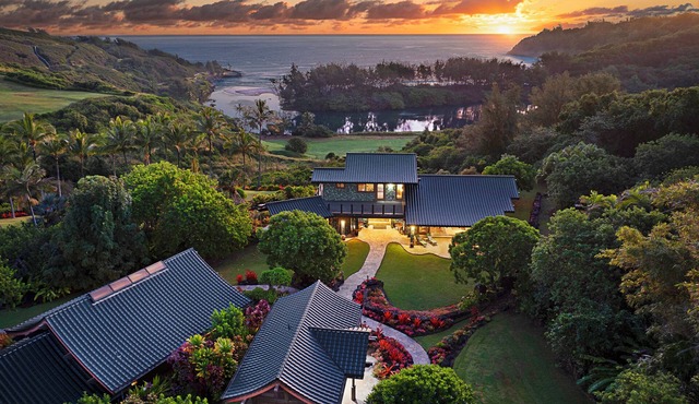 Private estate on 12 lush acres, ocean views, path to beach, main house plus two guest cottages!
