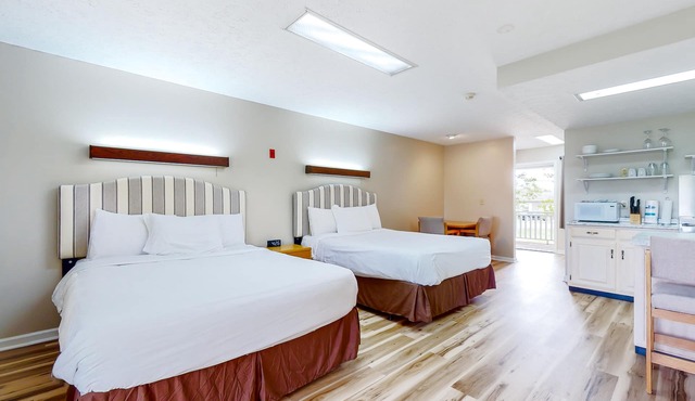 Second-floor studio with quiet view, patio & gym - walk to Douglas Lake, dogs OK